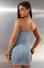 Danica Light Wash Denim Lace Up Strapless Mini Dress